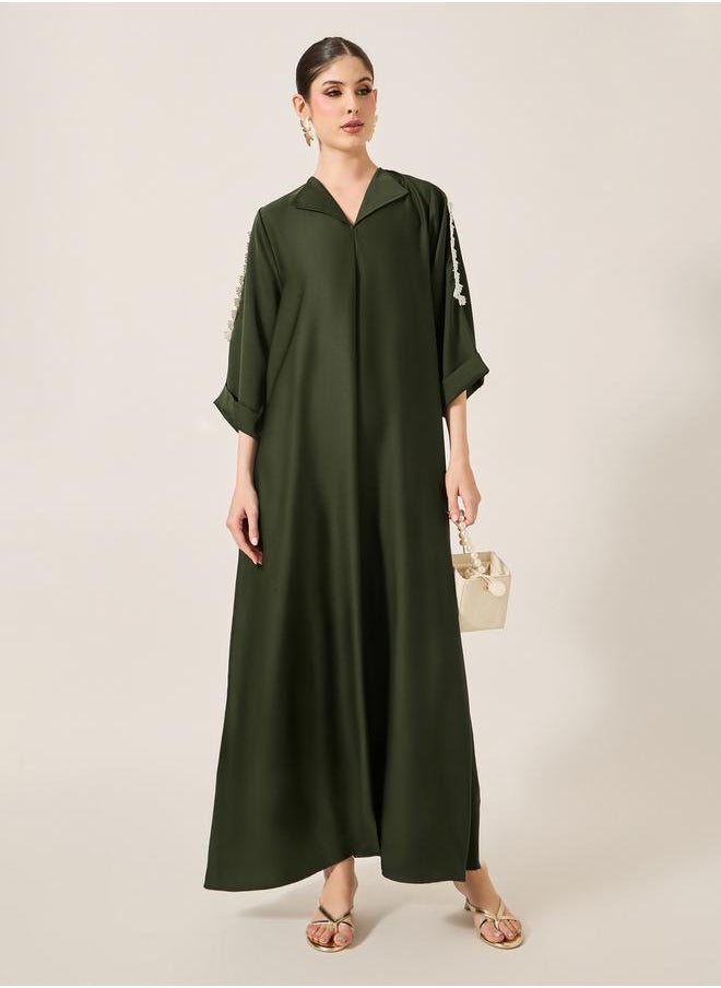 Lace Detail Embroidered A-Line Belted Jalabyia
