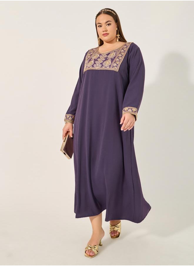 Embroidered Round Neck A-Line Jalabyia