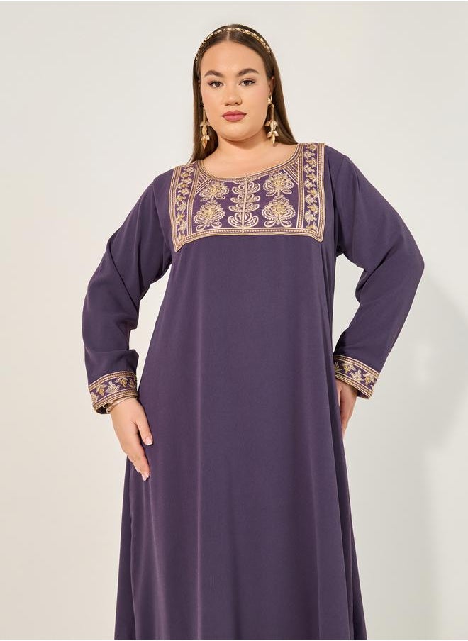 Embroidered Round Neck A-Line Jalabyia