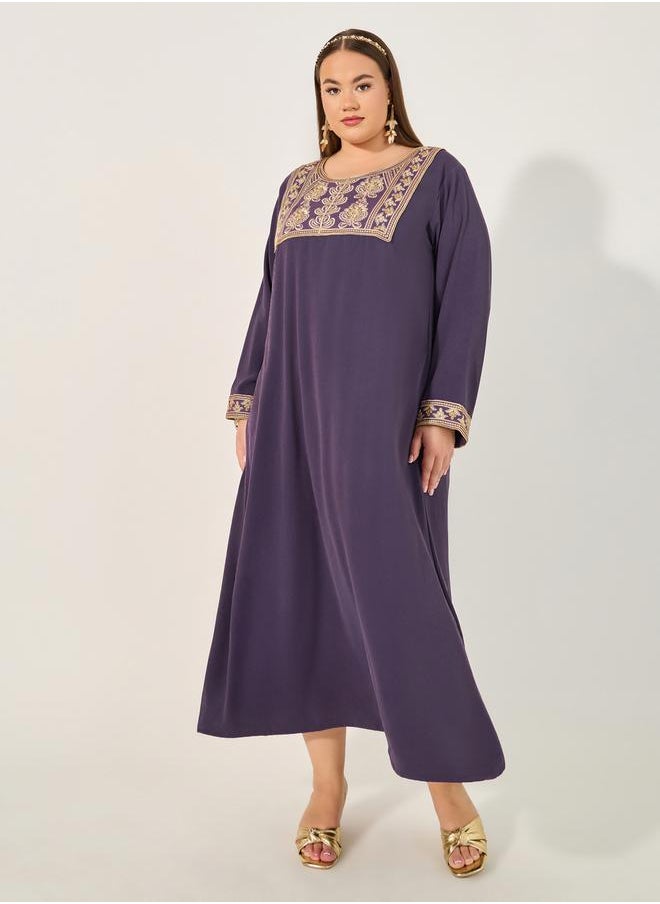 Embroidered Round Neck A-Line Jalabyia