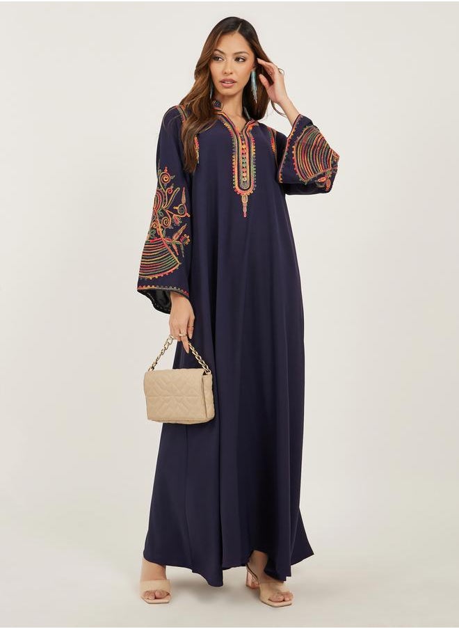 Navy Blue Embroidered Stand Collar Jalabiya