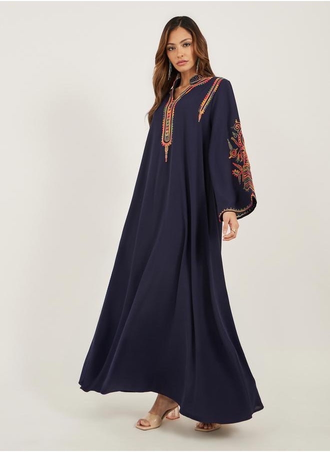 Navy Blue Embroidered Stand Collar Jalabiya