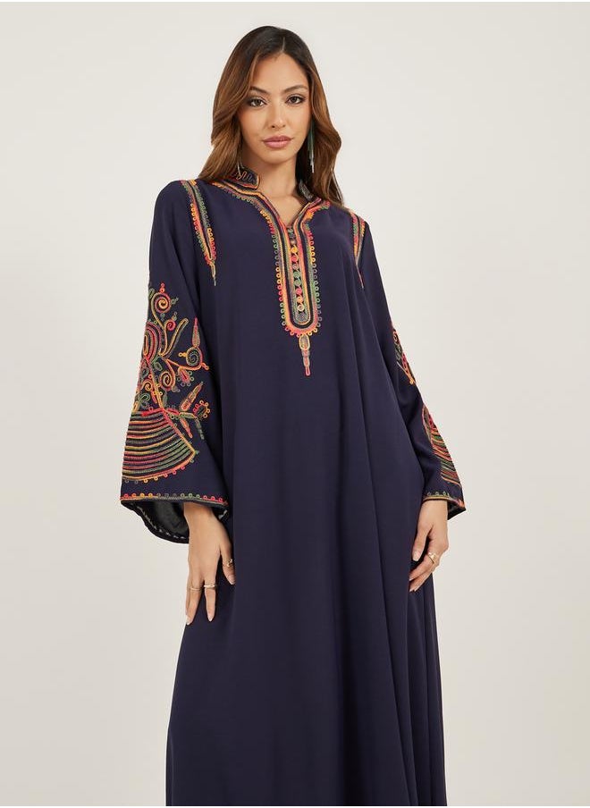 Navy Blue Embroidered Stand Collar Jalabiya