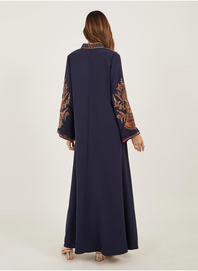 Navy Blue Embroidered Stand Collar Jalabiya