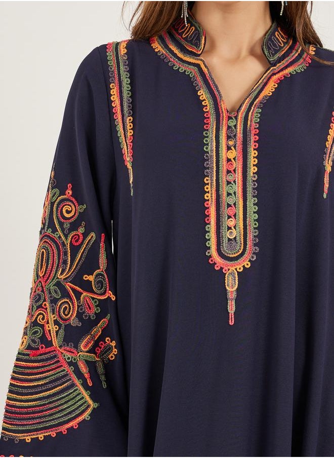 Navy Blue Embroidered Stand Collar Jalabiya