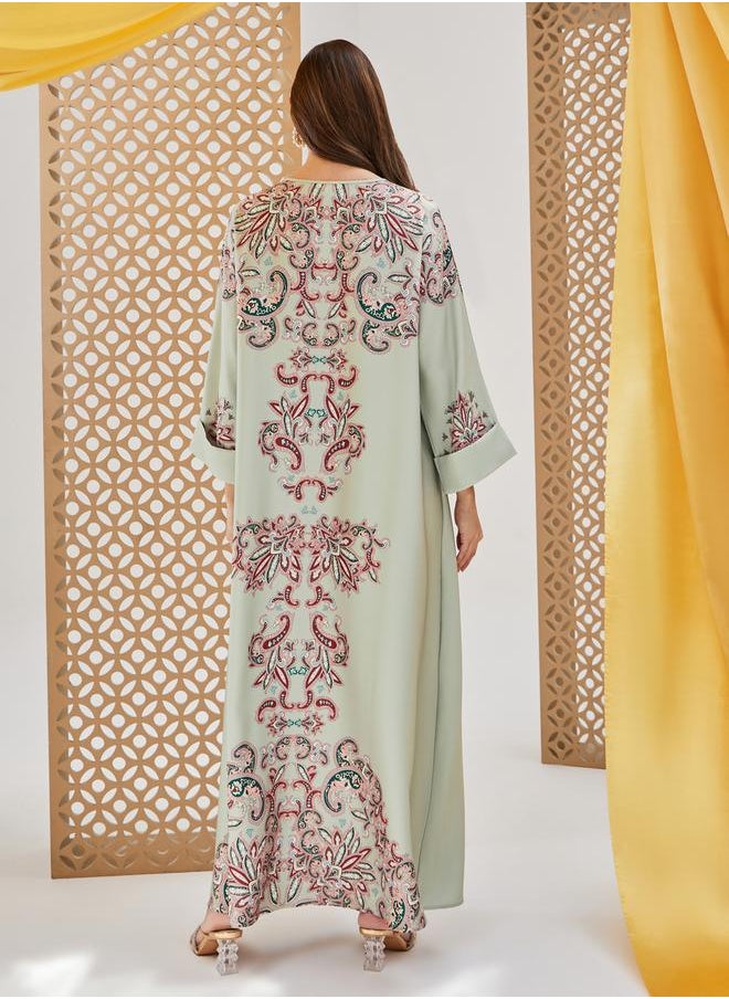 Printed Jalabiya with Faux Pearl Embroidery