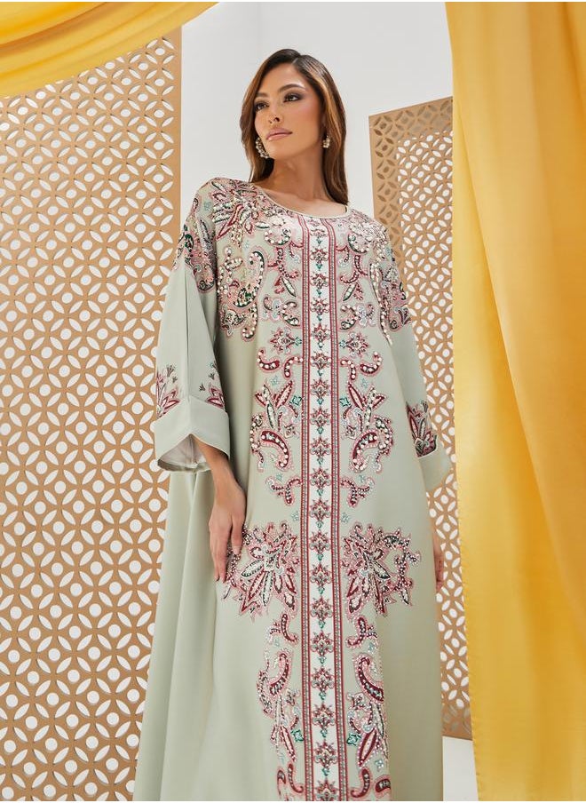 Printed Jalabiya with Faux Pearl Embroidery