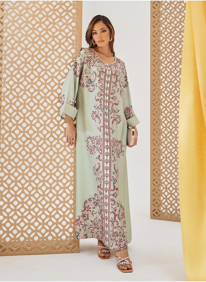 Printed Jalabiya with Faux Pearl Embroidery
