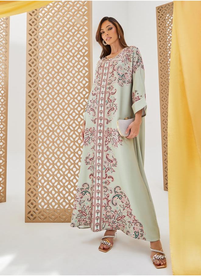 Printed Jalabiya with Faux Pearl Embroidery