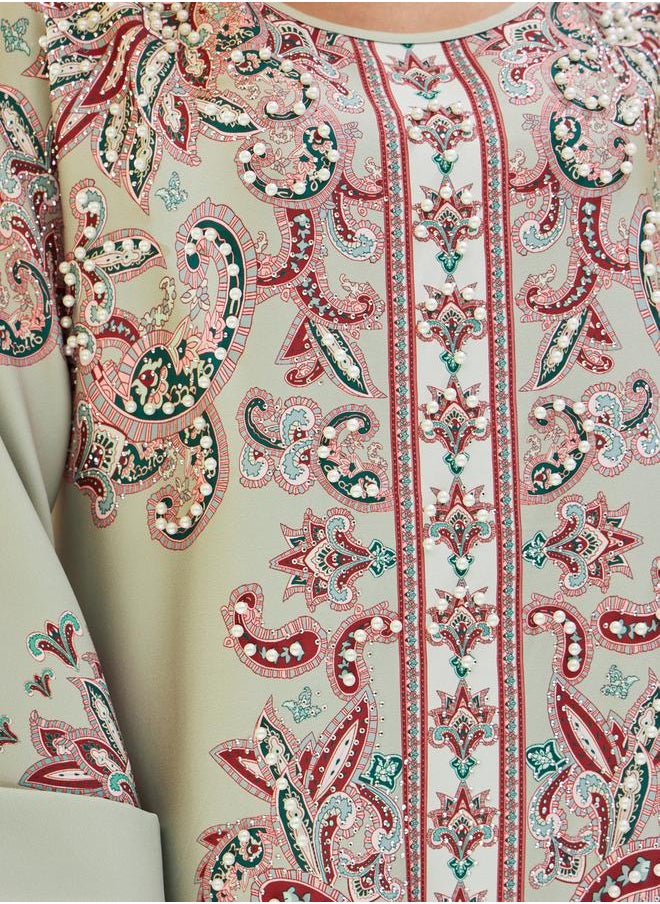 Printed Jalabiya with Faux Pearl Embroidery