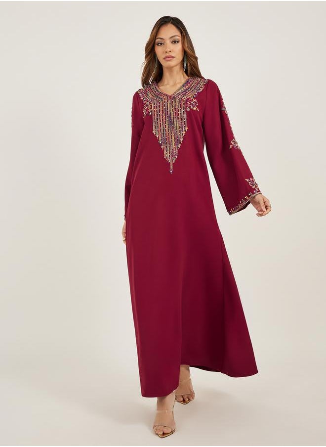 Embroidered V Neck Jalabiya with Rhinestone Detail