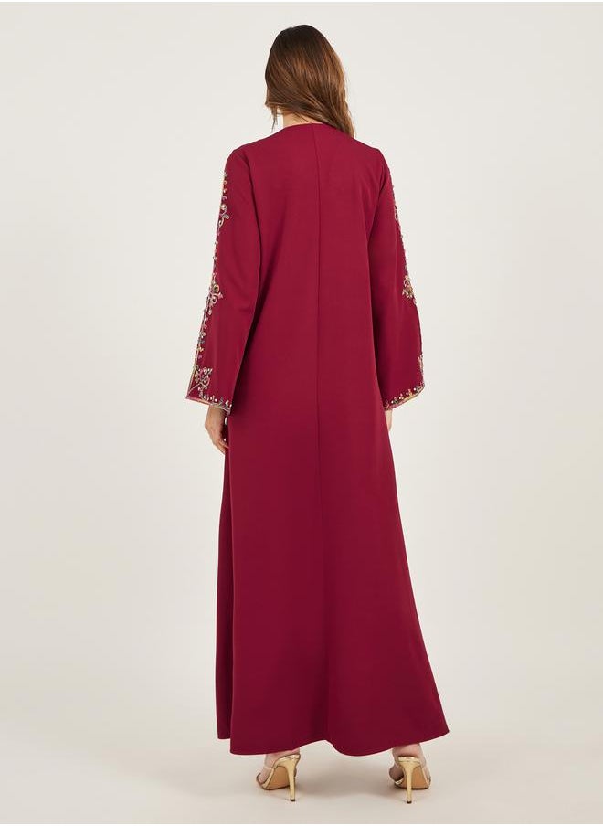 Embroidered V Neck Jalabiya with Rhinestone Detail