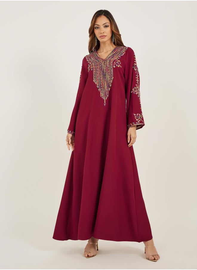 Embroidered V Neck Jalabiya with Rhinestone Detail