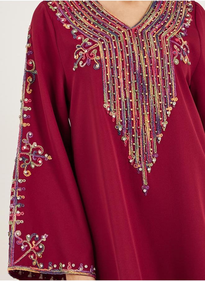 Embroidered V Neck Jalabiya with Rhinestone Detail