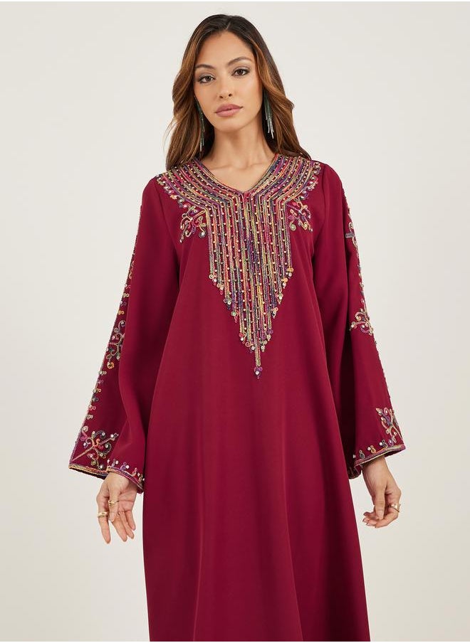 Embroidered V Neck Jalabiya with Rhinestone Detail
