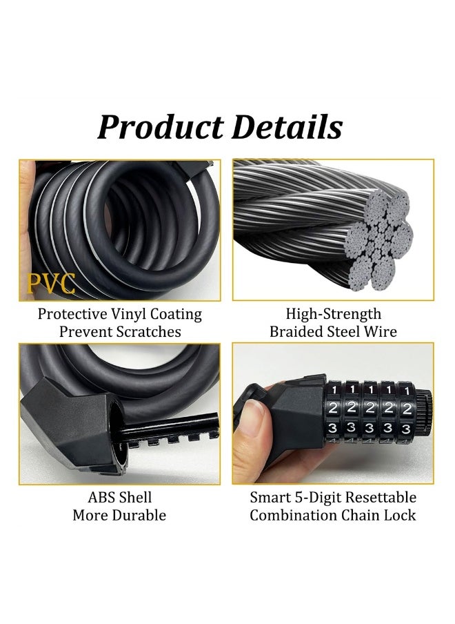 Bike Lock Cable, High Security 5-Digit Resettable Combination Bicycle Lock, Heavy Duty Braided Steel Coiled Cable Anti-Theft with Mounting Bracket for Scooter, Outdoor Equipment