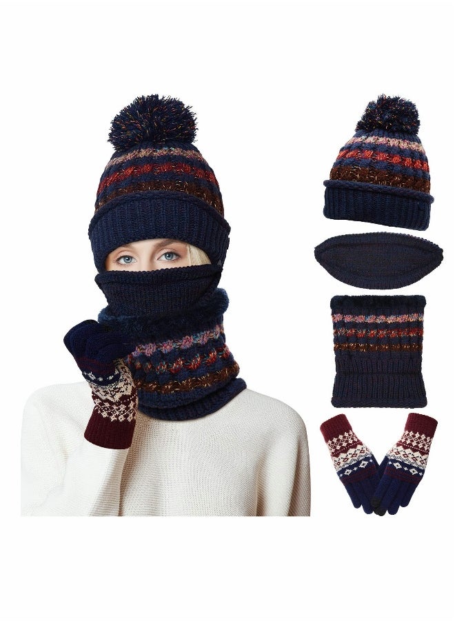 3 Pcs Womens Winter Beanie Hat Scarf Mask Golves Set, Warm Fleece Lined Ski Hat with Scarf Face Mask Touchscreen Mitten with Pom Pom for Girls