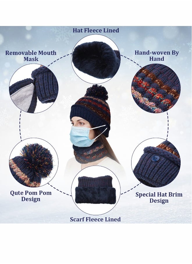 3 Pcs Womens Winter Beanie Hat Scarf Mask Golves Set, Warm Fleece Lined Ski Hat with Scarf Face Mask Touchscreen Mitten with Pom Pom for Girls
