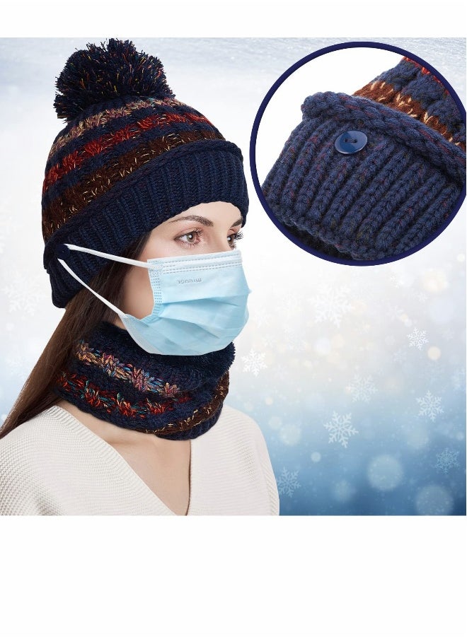 3 Pcs Womens Winter Beanie Hat Scarf Mask Golves Set, Warm Fleece Lined Ski Hat with Scarf Face Mask Touchscreen Mitten with Pom Pom for Girls