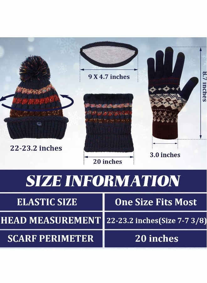 3 Pcs Womens Winter Beanie Hat Scarf Mask Golves Set, Warm Fleece Lined Ski Hat with Scarf Face Mask Touchscreen Mitten with Pom Pom for Girls