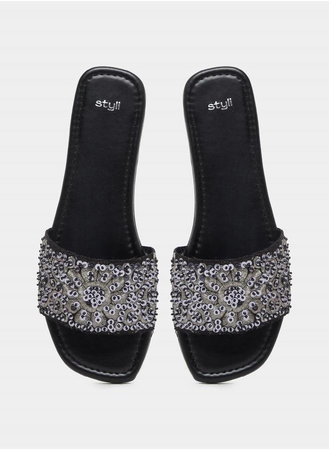 Embellished Sequins Flat Sandals