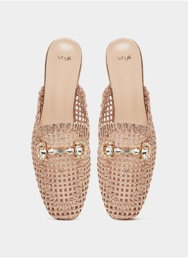 Textured Woven Pointed Toe Mules