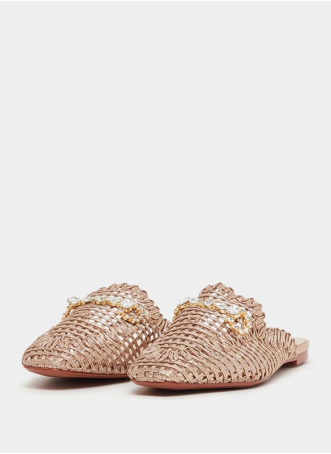Textured Woven Pointed Toe Mules