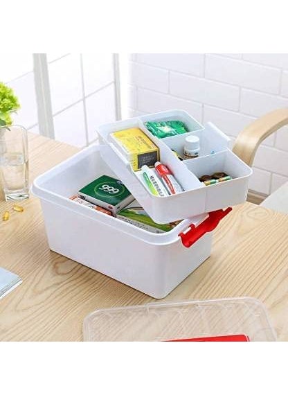 OCTOPUSPRIME Portable Double Layers Plastic Rectangular Medicine Cabinet Household Medical Storage Medicine Organizer Portal Emergency Medical Detachable Tray and Handle Emergency