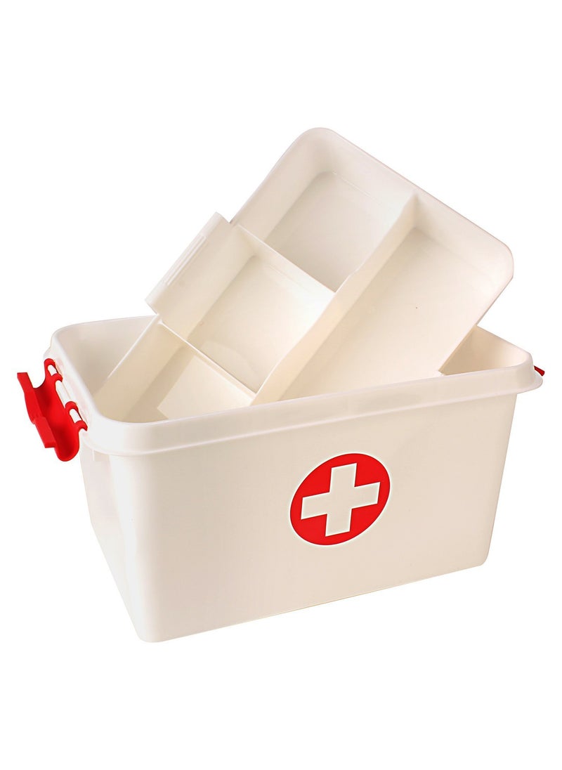 PYU ENJOY SHOPPING Rectangular Double Layers Portable Medicine Family Emergency Kit Storage Box Organizer with Compartments with Clear Cover White Standard