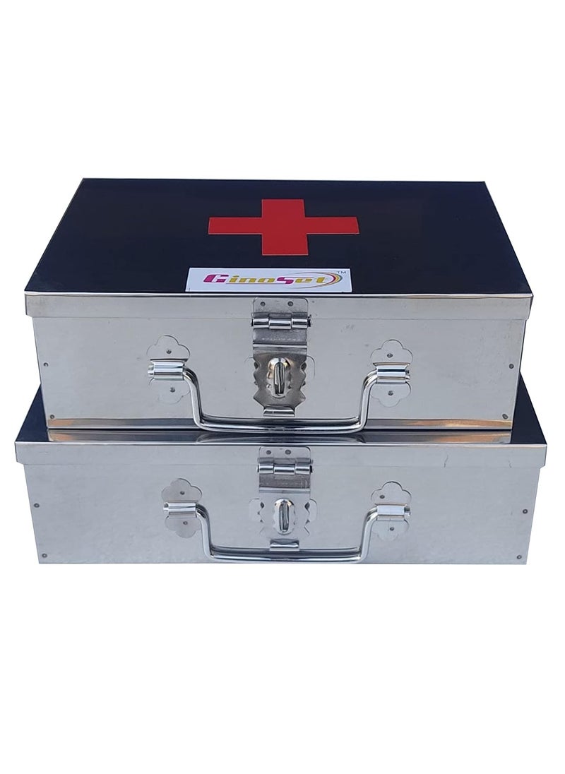 GinoSet Stainless Steel Rectangular Empty Medicines StorageFirst Aid Box For all use Set of 2 pic Silver color 1st 9 inch 2nd10 inch
