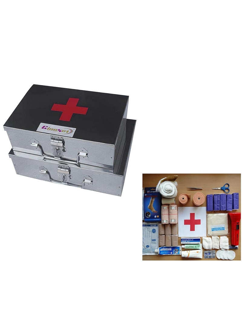 GinoSet Stainless Steel Rectangular Empty Medicines StorageFirst Aid Box For all use Set of 2 pic Silver color 1st 9 inch 2nd10 inch