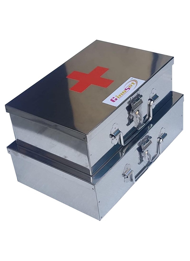 GinoSet Stainless Steel Rectangular Empty Medicines StorageFirst Aid Box For all use Set of 2 pic Silver color 1st 9 inch 2nd10 inch
