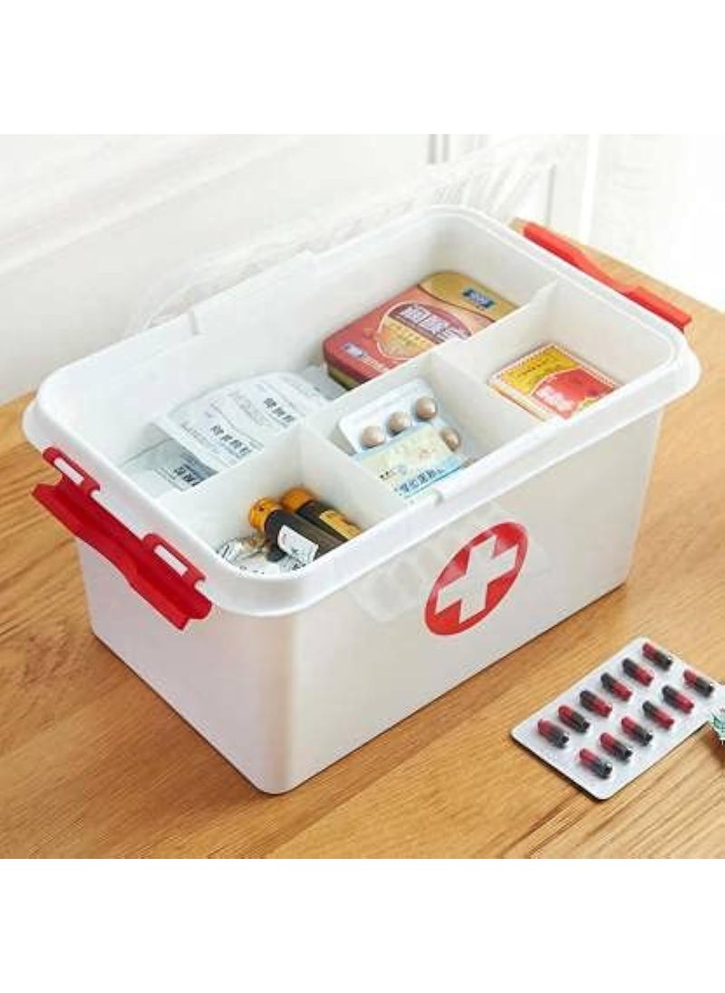 BLINE Portable Double Layers Plastic Rectangular Medicine Cabinet Household Medical Storage Box Medicine Organizer Portal Box Emergency Medical Box Red White