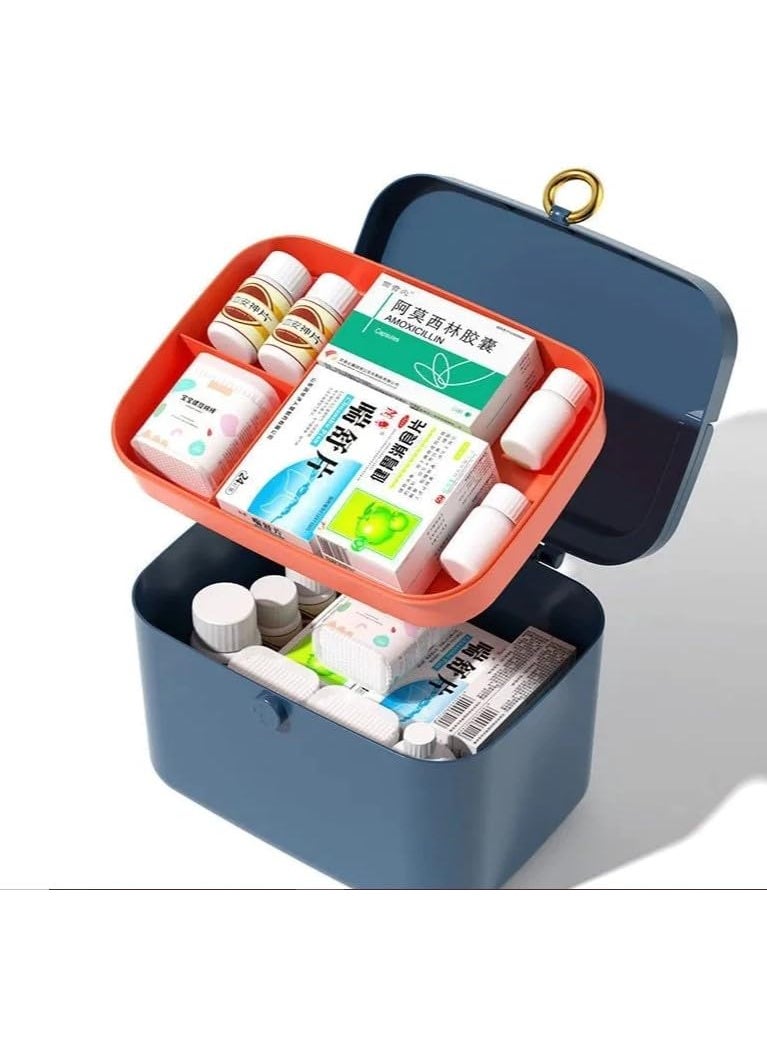TRADY 2 Layer Plastic Rectangular Emergency Medical Kit First aid Box Multi Purpose Box Multi Utility Storage with With Detachable Tray for Lid and Handle Blue