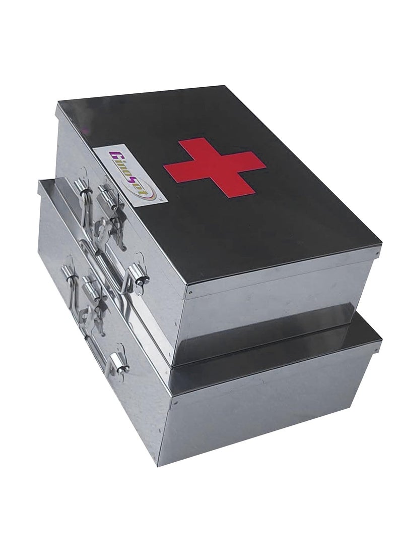 Crevita Stainless Steel Rectangular Empty Medicines StorageFirst Aid Box For all use Set of 2 pic Silver color 1st 9 inch 2nd10 inch