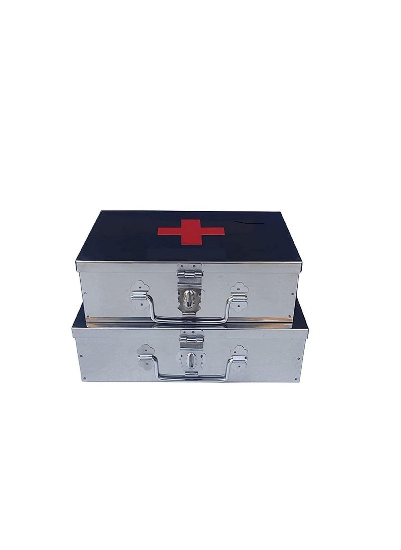 GvanyS SS Rectangular Empty Medicines Storage First Aid Box For all use Like Hospital Home Office Hotel Ext Set of 2 pic Silver color Box 9 10 inch