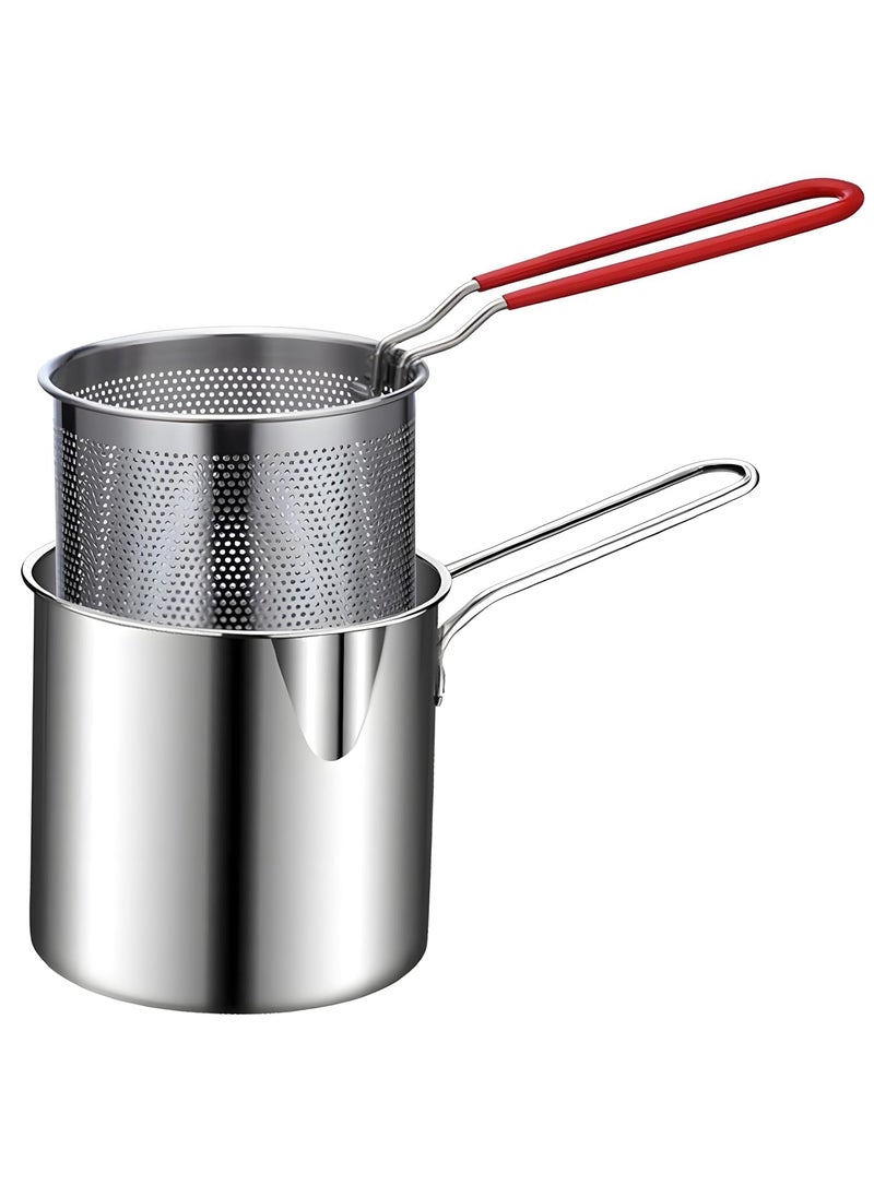 LEIAZ Deep Frying Pot with Strainer Basket 1200 Ml Stainless Steel Pan with Long Handle Mini Deep Oil Fryer for French FriesFishBoiling ButterGraviesPasta Deep Frying Pot