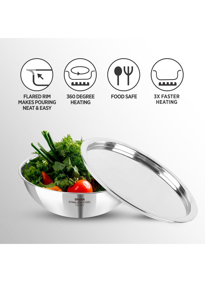 Dhara Stainless Steel Gas and Induction Compatible Tri ply Tasla with SS Lid 18 Cm 1 Litre Heat Resistant Matt Finish Surface PFOA Free Dishwasher Safe Steel Deep Frying Tasla for Kitchen