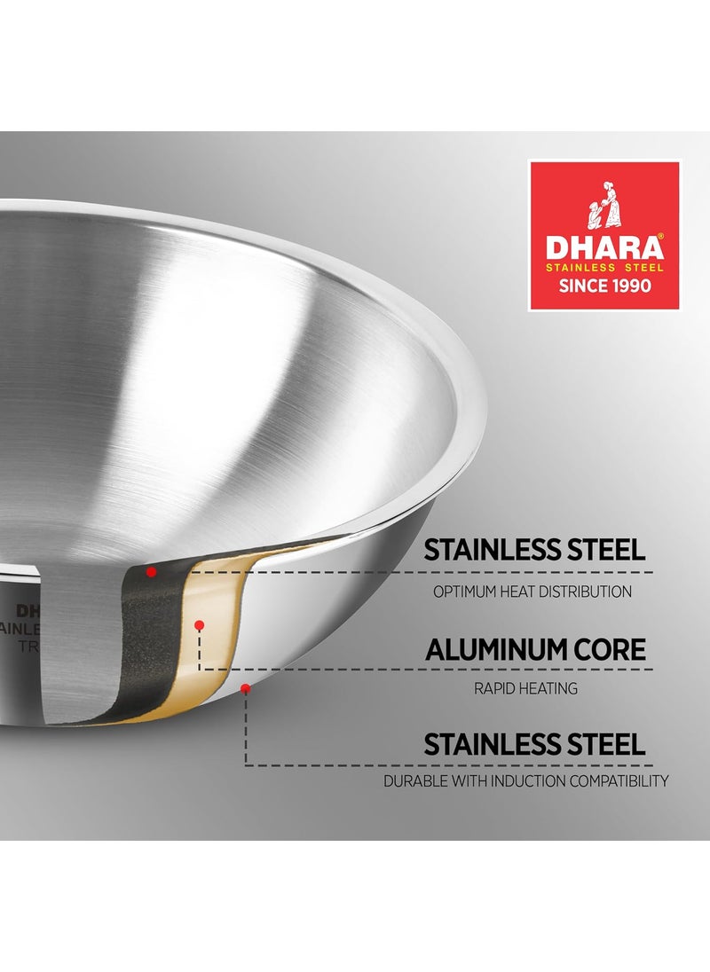 Dhara Stainless Steel Gas and Induction Compatible Tri ply Tasla with SS Lid 18 Cm 1 Litre Heat Resistant Matt Finish Surface PFOA Free Dishwasher Safe Steel Deep Frying Tasla for Kitchen