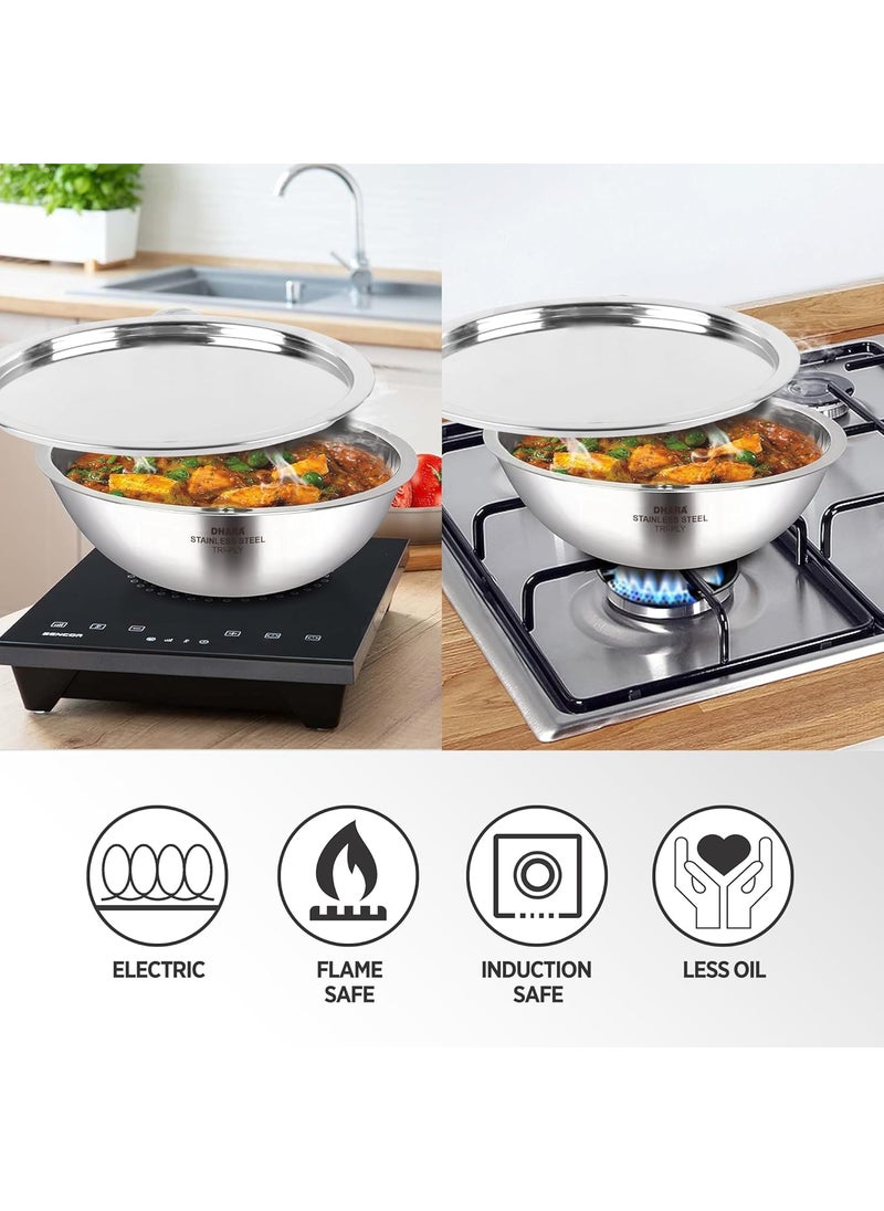 Dhara Stainless Steel Gas and Induction Compatible Tri ply Tasla with SS Lid 18 Cm 1 Litre Heat Resistant Matt Finish Surface PFOA Free Dishwasher Safe Steel Deep Frying Tasla for Kitchen