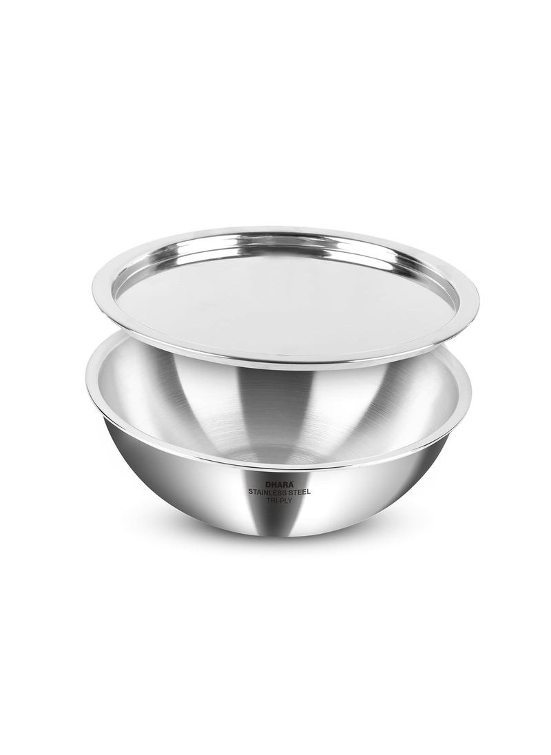 Dhara Stainless Steel Gas and Induction Compatible Tri ply Tasla with SS Lid 18 Cm 1 Litre Heat Resistant Matt Finish Surface PFOA Free Dishwasher Safe Steel Deep Frying Tasla for Kitchen