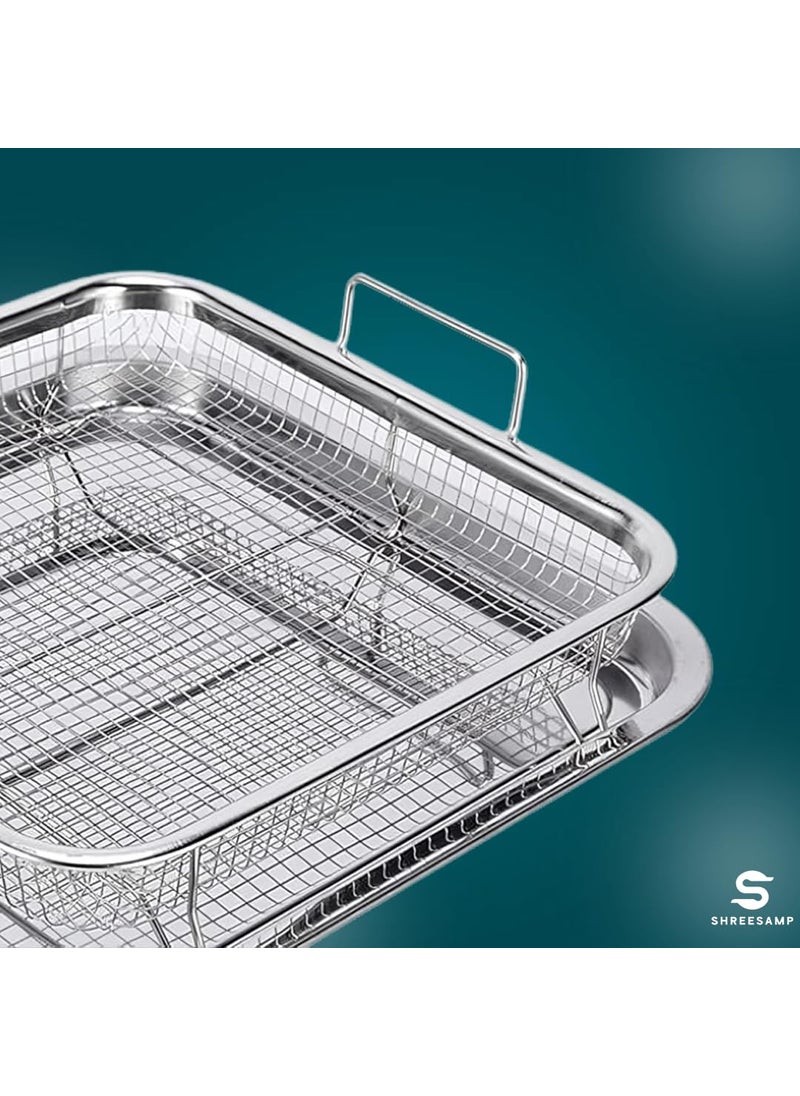 SHREESAMP NonStick Square Air Fryer Basket With Tray For Oven Versatile Stainless Steel Cooking Pan For French Fries BBQ Baking And Frying Basket Cooking Tray Mesh Grill Crisper Tray For Oven Use