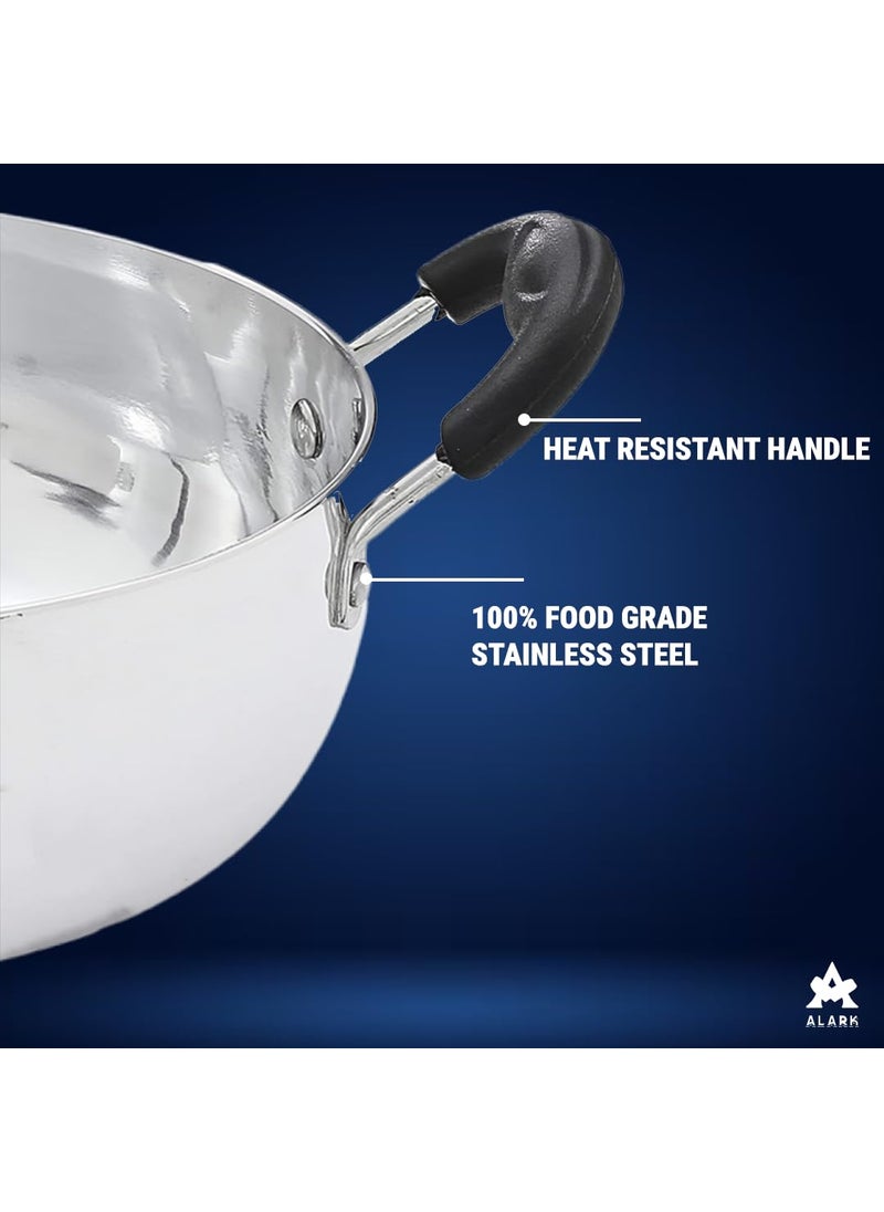 Alark Stainless Steel Cooking Frying Kadhai with CoolTouch Handle Heavy Weight and Durable Triply Gas Stove Compatible Kadhai and 2 litres Capacity Large Kitchen Top Kadhai 42x33x20 CM