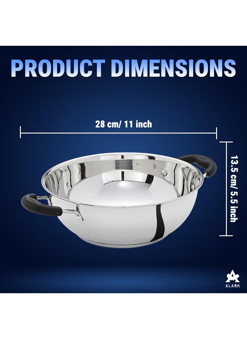Alark Stainless Steel Cooking Frying Kadhai with CoolTouch Handle Heavy Weight and Durable Triply Gas Stove Compatible Kadhai and 2 litres Capacity Large Kitchen Top Kadhai 42x33x20 CM