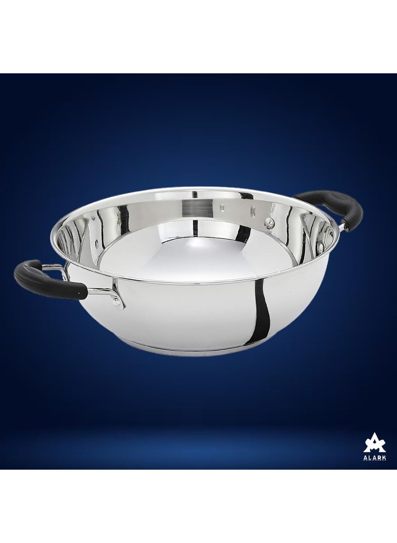Alark Stainless Steel Cooking Frying Kadhai with CoolTouch Handle Heavy Weight and Durable Triply Gas Stove Compatible Kadhai and 2 litres Capacity Large Kitchen Top Kadhai 42x33x20 CM