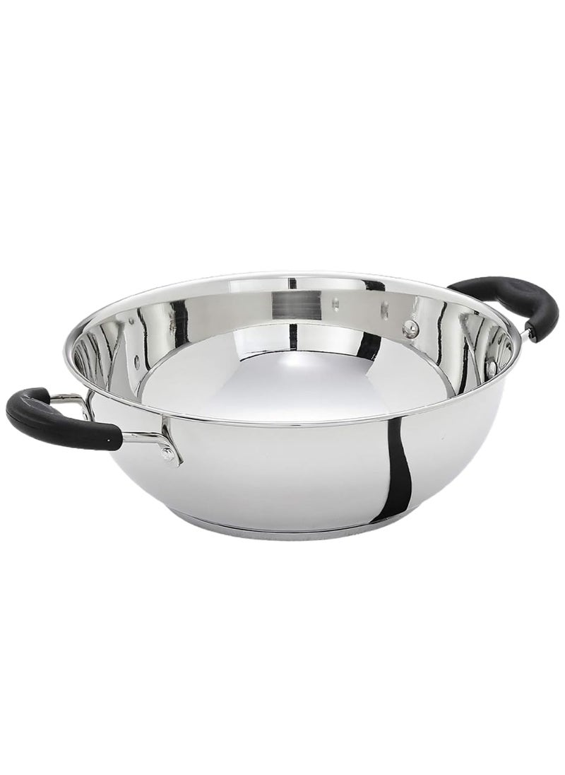 Alark Stainless Steel Cooking Frying Kadhai with CoolTouch Handle Heavy Weight and Durable Triply Gas Stove Compatible Kadhai and 2 litres Capacity Large Kitchen Top Kadhai 42x33x20 CM