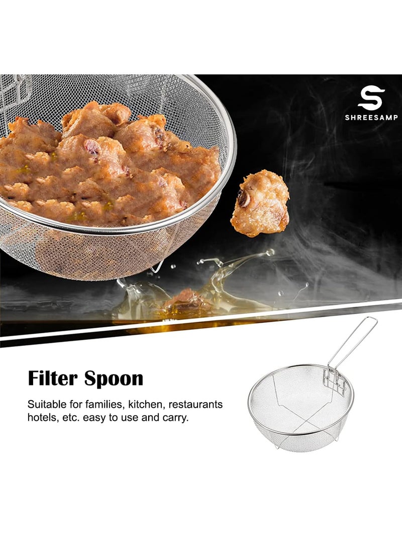 SHREESAMP Round Fried Basket Stainless Steel Deep Fryer Round Wire Mesh Basket with Handle French Fry Serving Strainer for Open Fryer Perfect for Deep Frying Chips and Food Handle Frying Basket