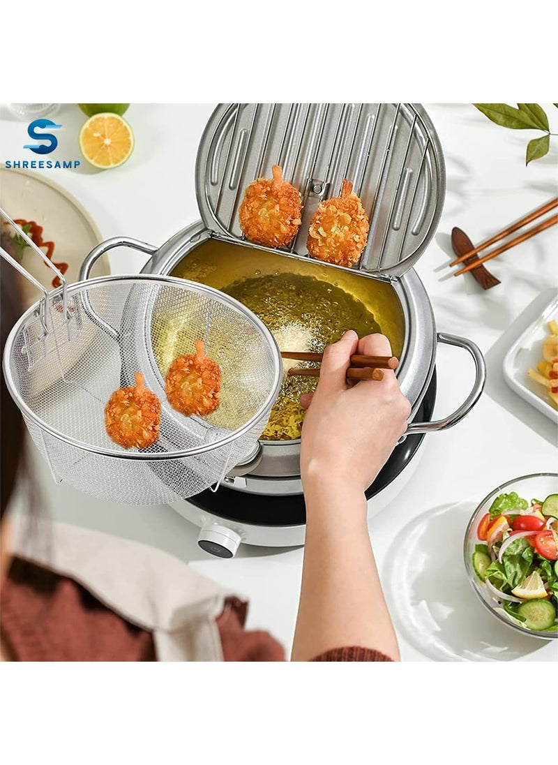 SHREESAMP Round Fried Basket Stainless Steel Deep Fryer Round Wire Mesh Basket with Handle French Fry Serving Strainer for Open Fryer Perfect for Deep Frying Chips and Food Handle Frying Basket