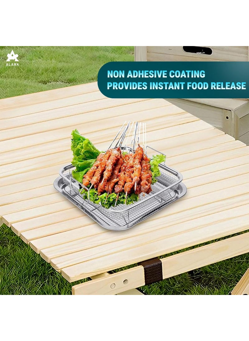 Alark Air Fryer Basket for Oven2 Pieces Set Square Silver NonStick Stainless Steel Mesh Grill Roasting Rack with Crisper Tray for Baking FriedChicken for Convection Oven Air Fryer Dishwasher Safe