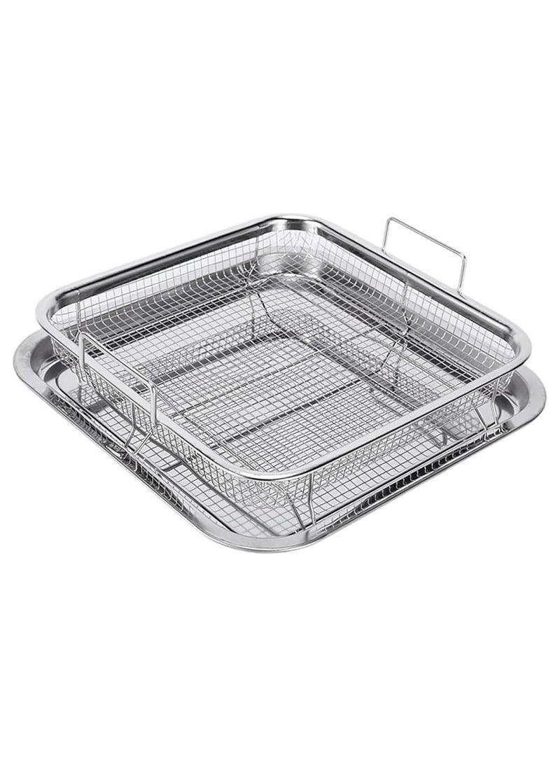 Alark Air Fryer Basket for Oven2 Pieces Set Square Silver NonStick Stainless Steel Mesh Grill Roasting Rack with Crisper Tray for Baking FriedChicken for Convection Oven Air Fryer Dishwasher Safe